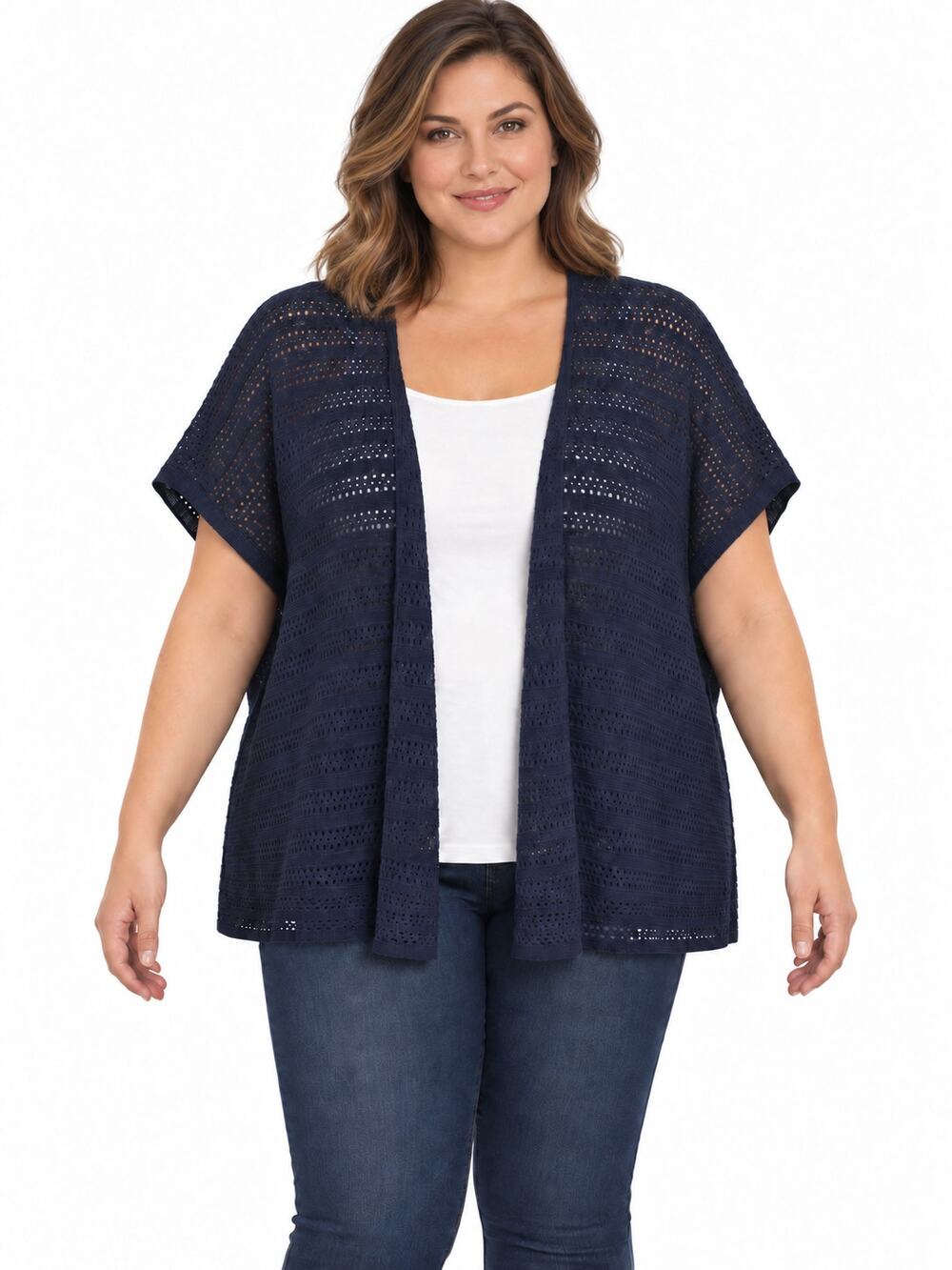Jones New York Sport Woman 3X Navy Open Knit Cotton Cardigan Short Sleeve